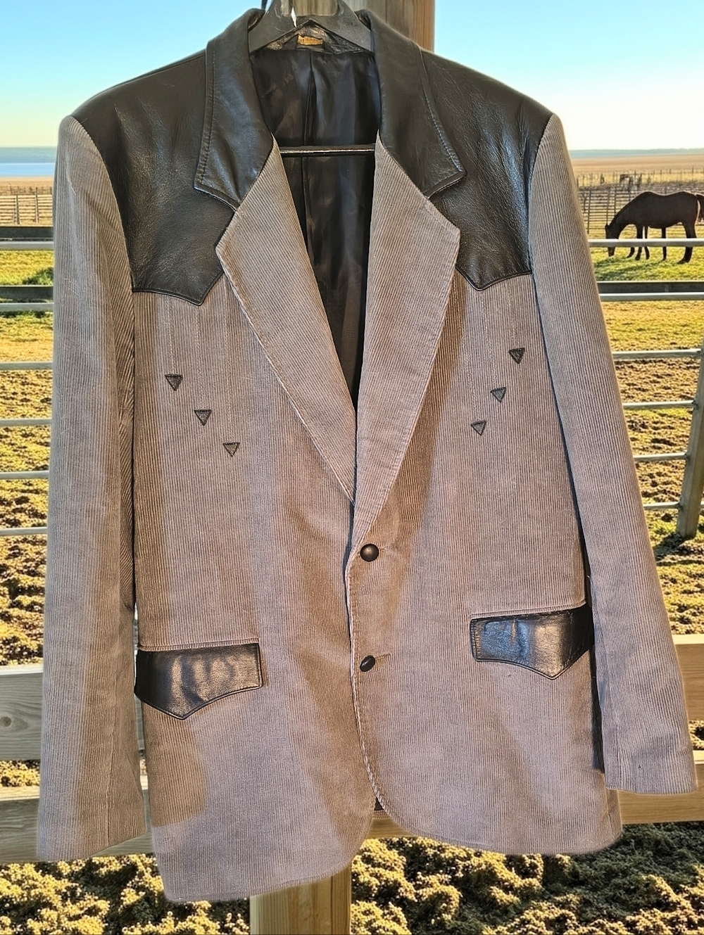 Men's Pioneer Wear Western Blazer Jacket 46L Black Leather & Gray Corduroy Vtg.